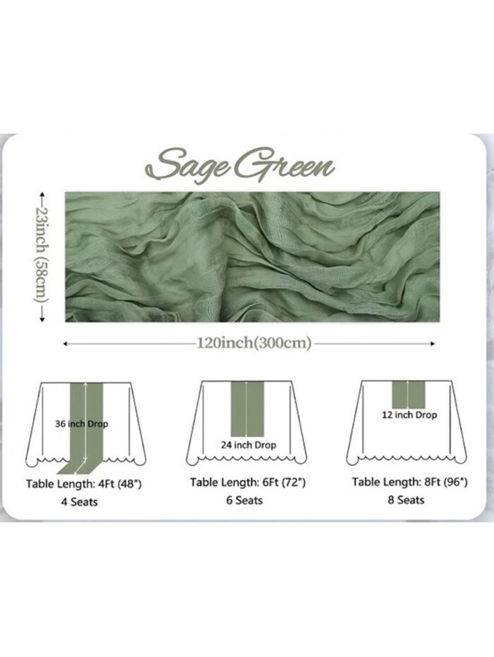 Sage Green Cheesecloth Table Runner 23X120 Inch,, Wedding, Party, Decor